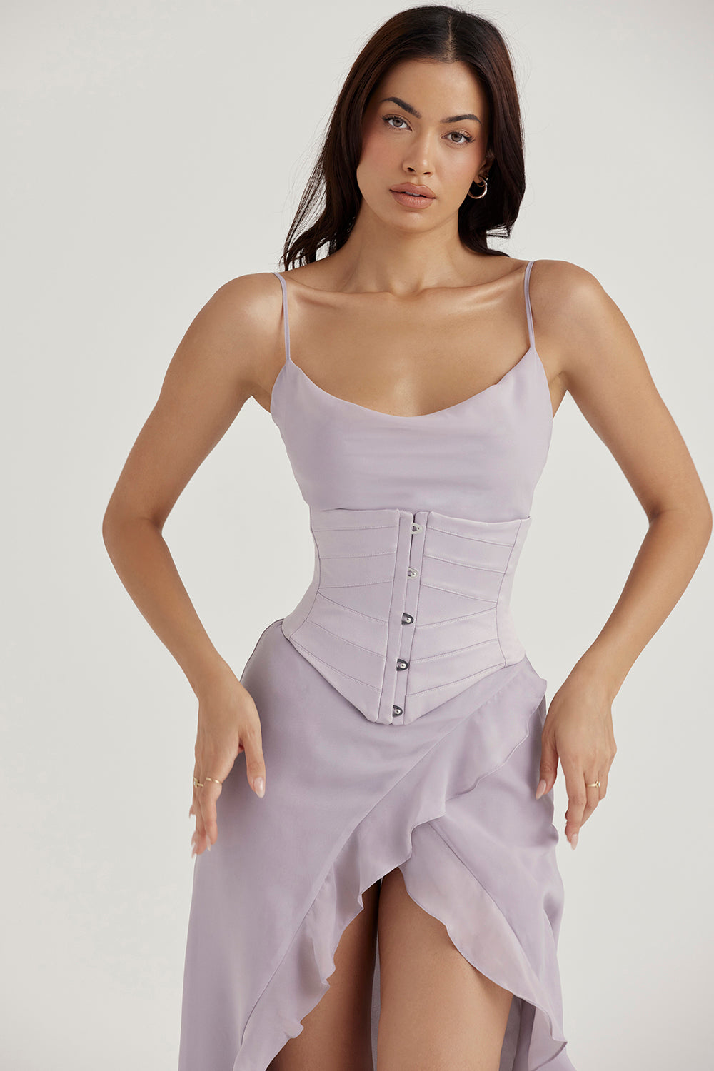 Gray satin underbust corset with flowy maxi dress