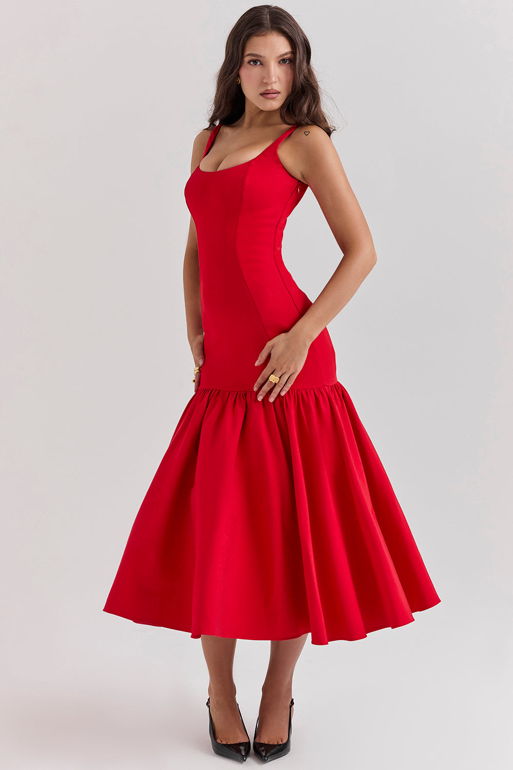 Midi dress with dropped waist