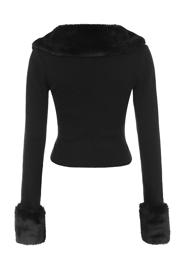Black cardigan with faux fur trim and cashmere mini skirt
