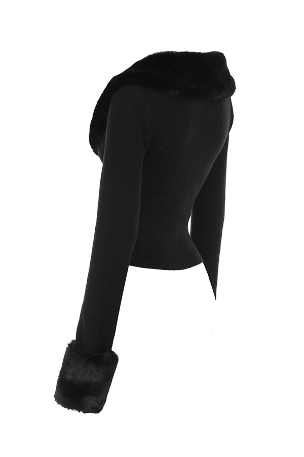 Black cardigan with faux fur trim and cashmere mini skirt