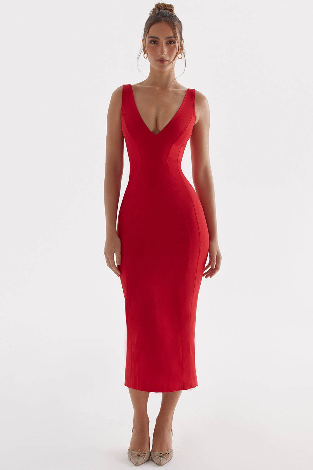 Deep-cut maxi dress with red roses