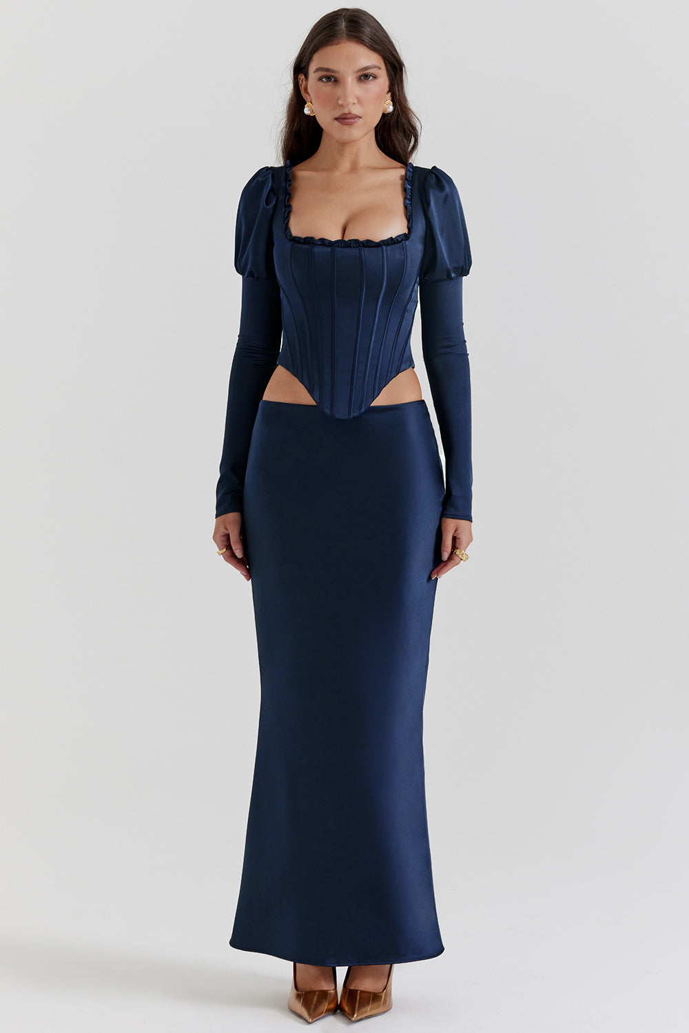 Navy blue corset with puff sleeves and satin maxi skirt with bias cut