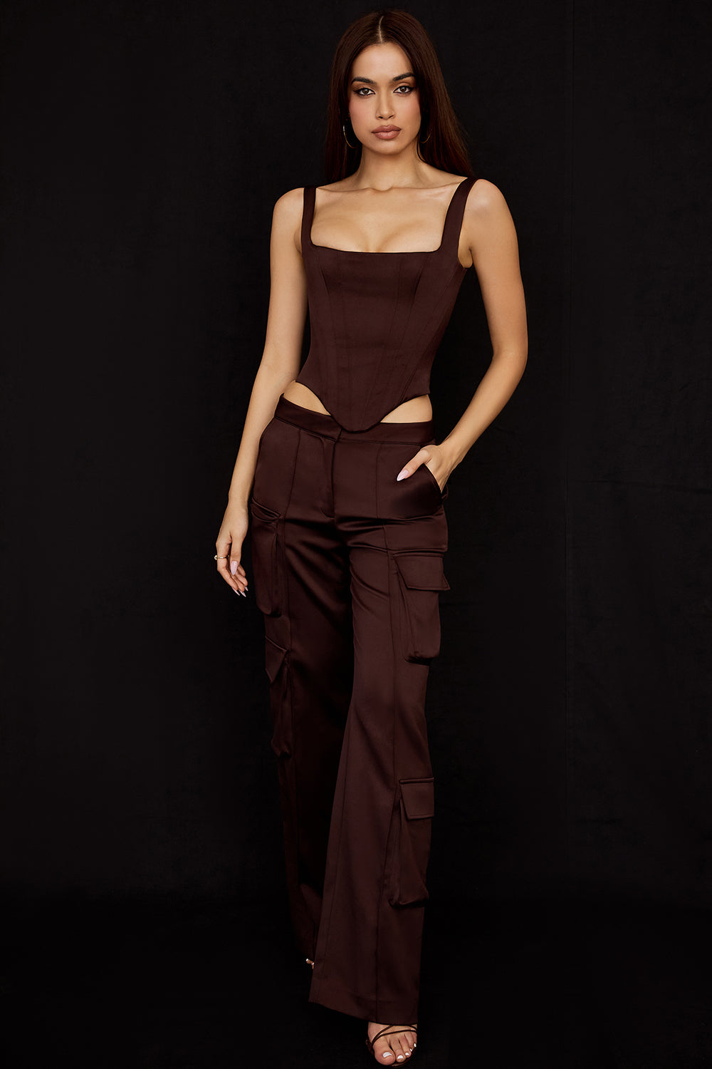 Long chocolate satin corset with cargo pants