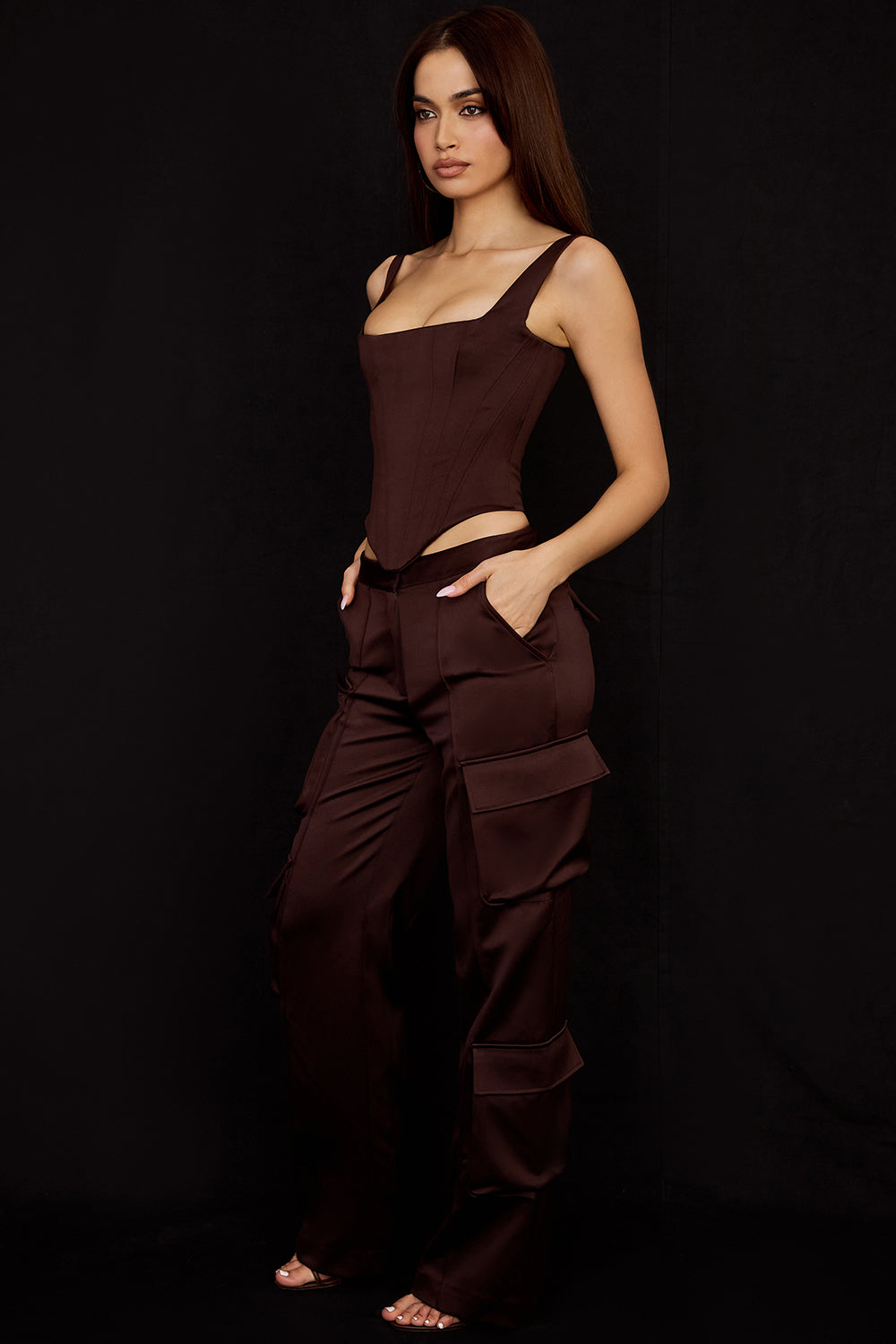 Long chocolate satin corset with cargo pants