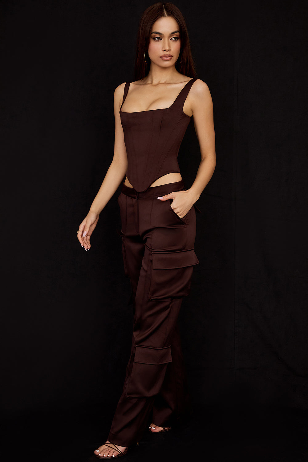 Long chocolate satin corset with cargo pants
