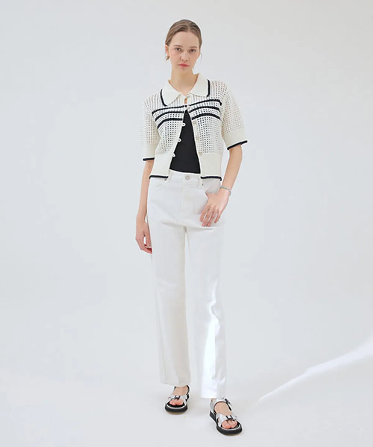 Stripe Collar White Cardigan