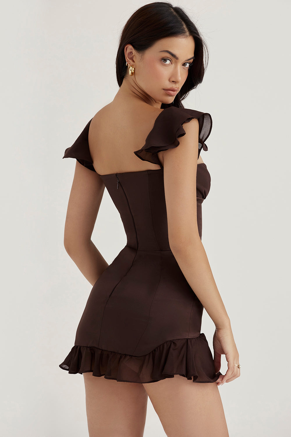 Espresso mini dress with ruffle corset