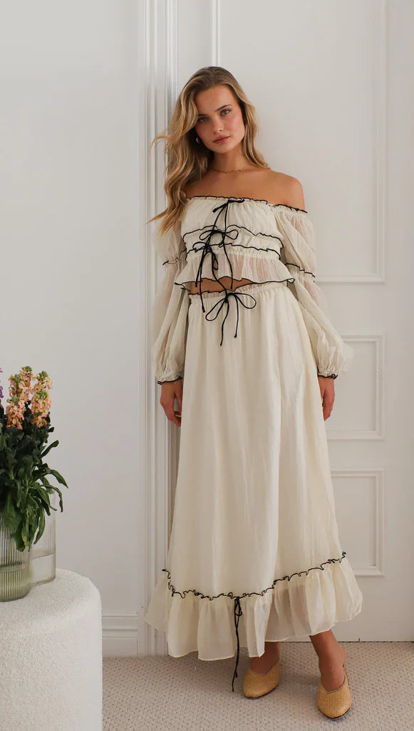 Summer Off-Neck Puff Long Sleeve  Maxi Dress