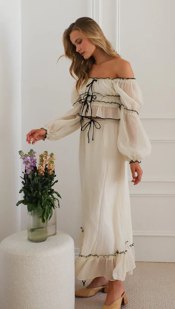 Summer Off-Neck Puff Long Sleeve  Maxi Dress