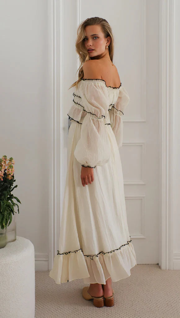 Summer Off-Neck Puff Long Sleeve  Maxi Dress