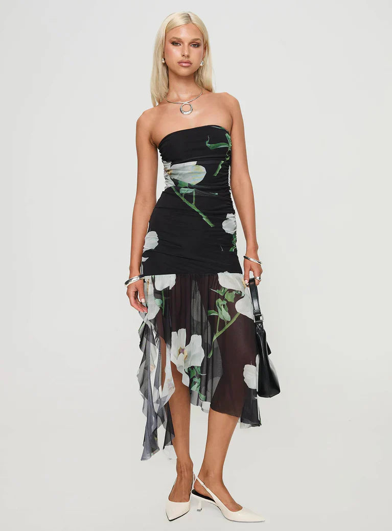Strapless Midi Dress With Flowers In Black
