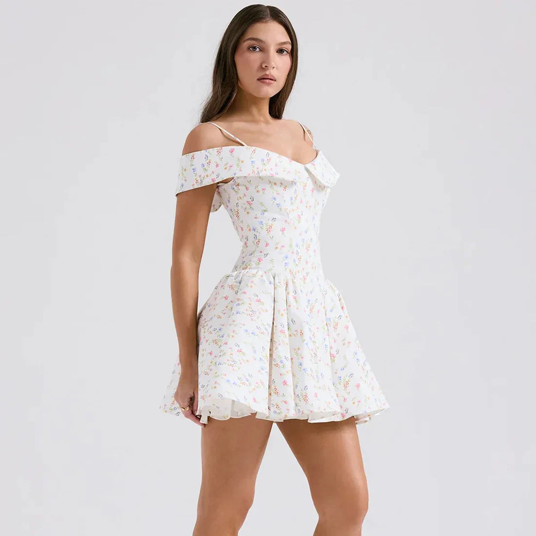 Off Shoulder Floral Print Mini Dress In White