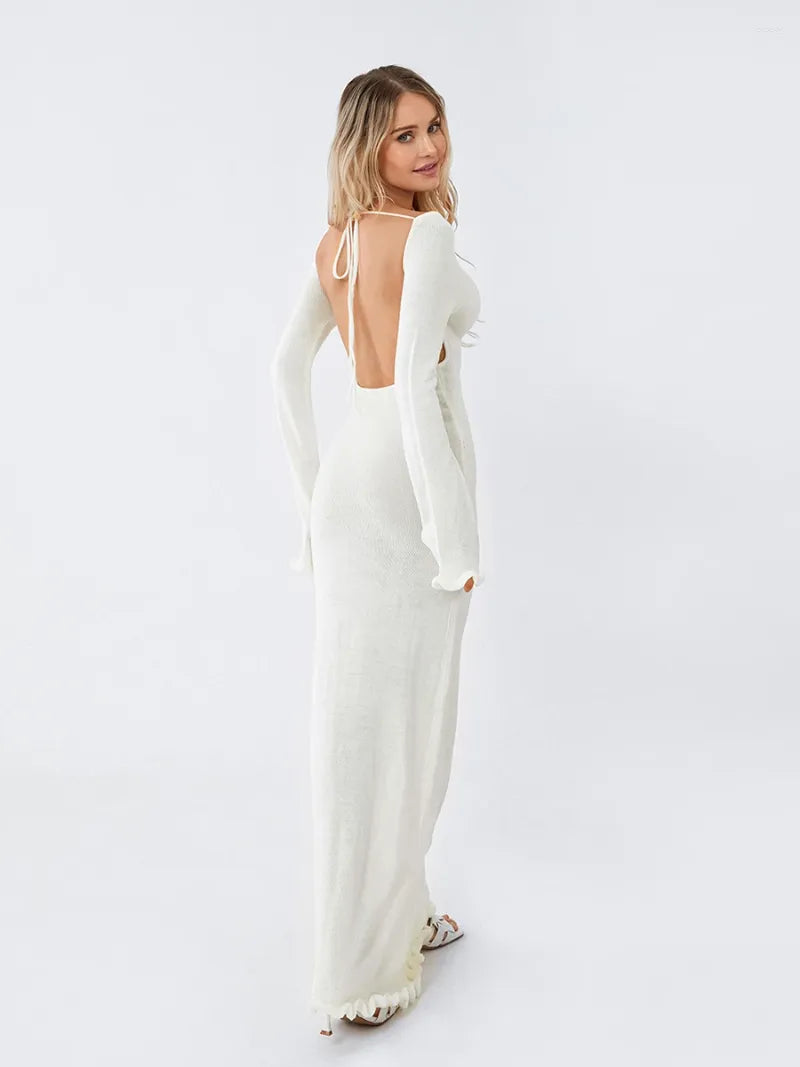 Long Sleeve Knitted Maxi Dress In White