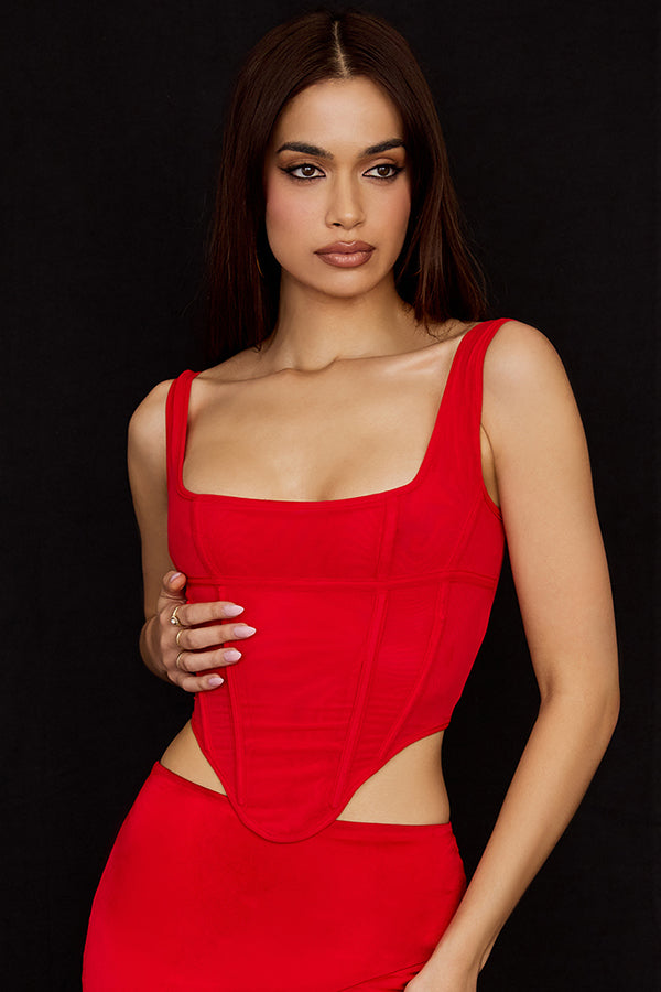 Mesh corset with satin midi skirt with low waist