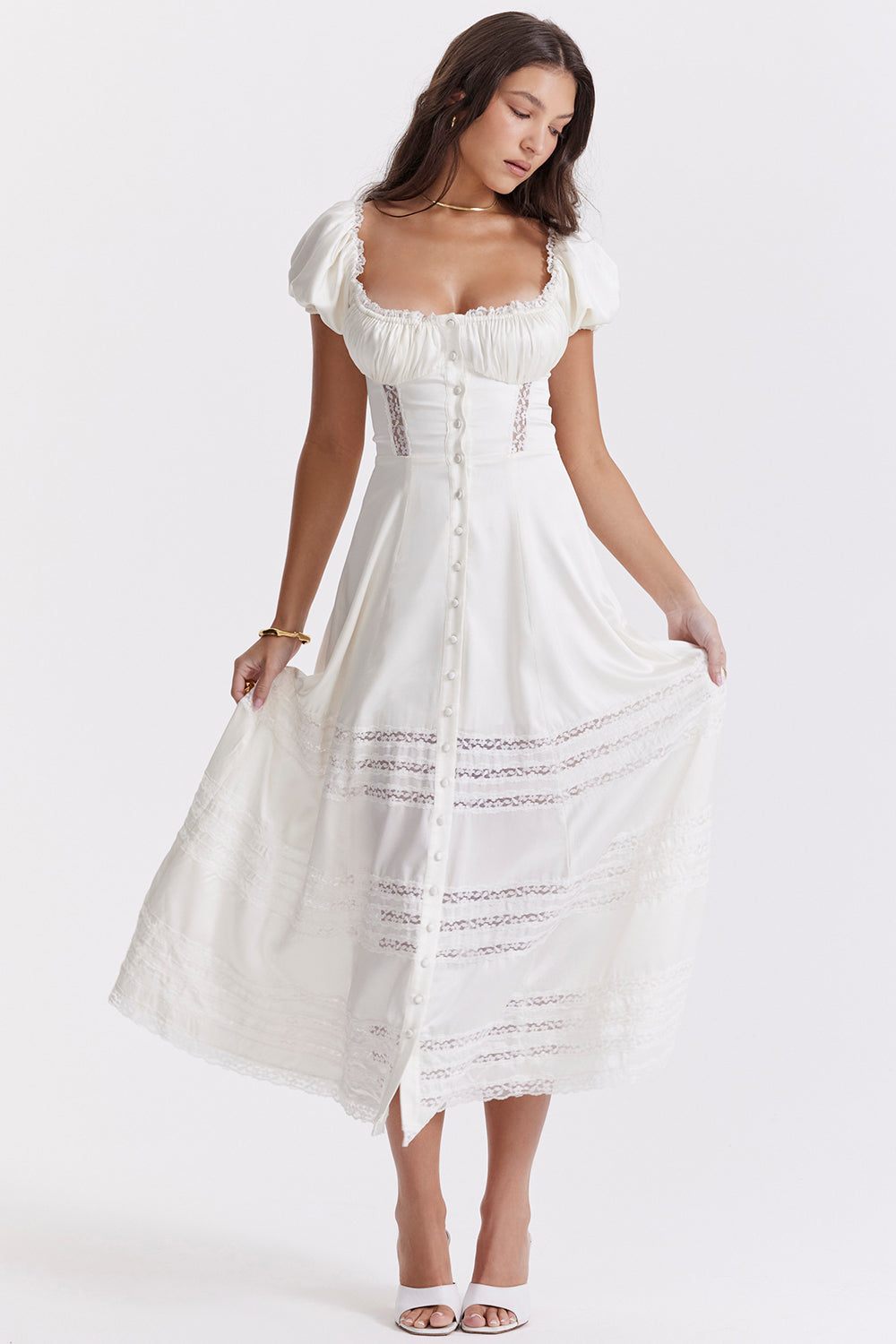 Ivory-colored dress made of real silk with puff sleeves