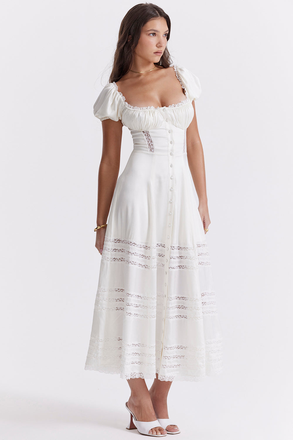 Ivory-colored dress made of real silk with puff sleeves