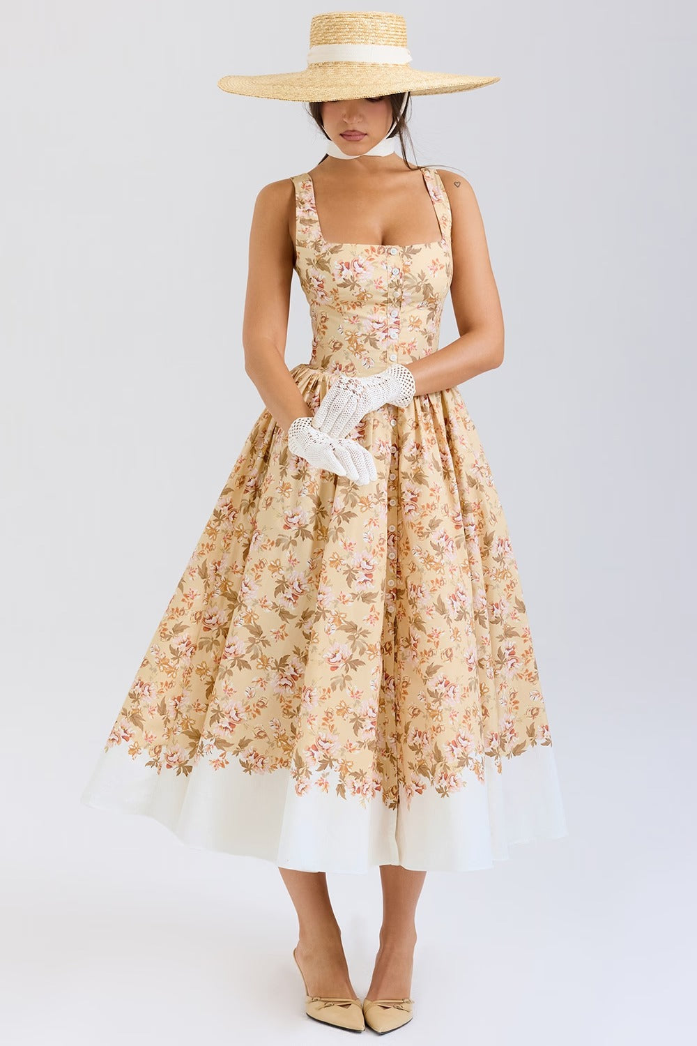 Flower Print Gathered Cotton Midi Dress