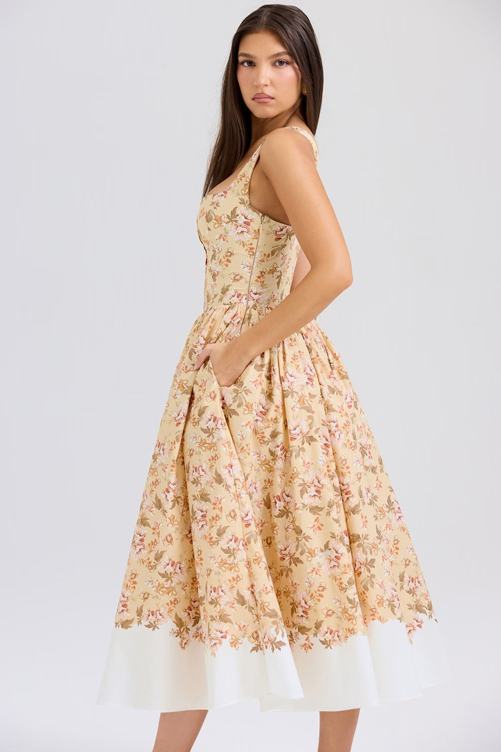 Flower Print Gathered Cotton Midi Dress