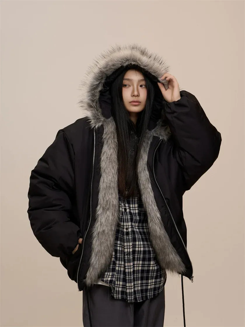 Black Jacket with Fur Hood And Zipper