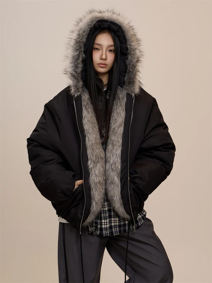 Black Jacket with Fur Hood And Zipper