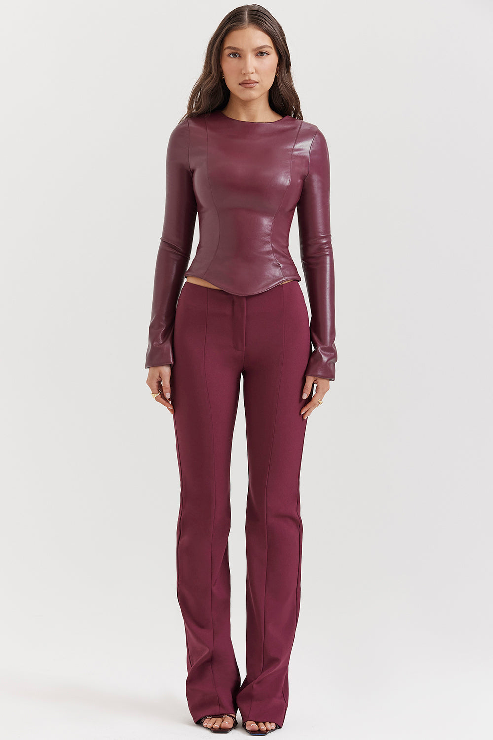 Wine vegan leather top with pants