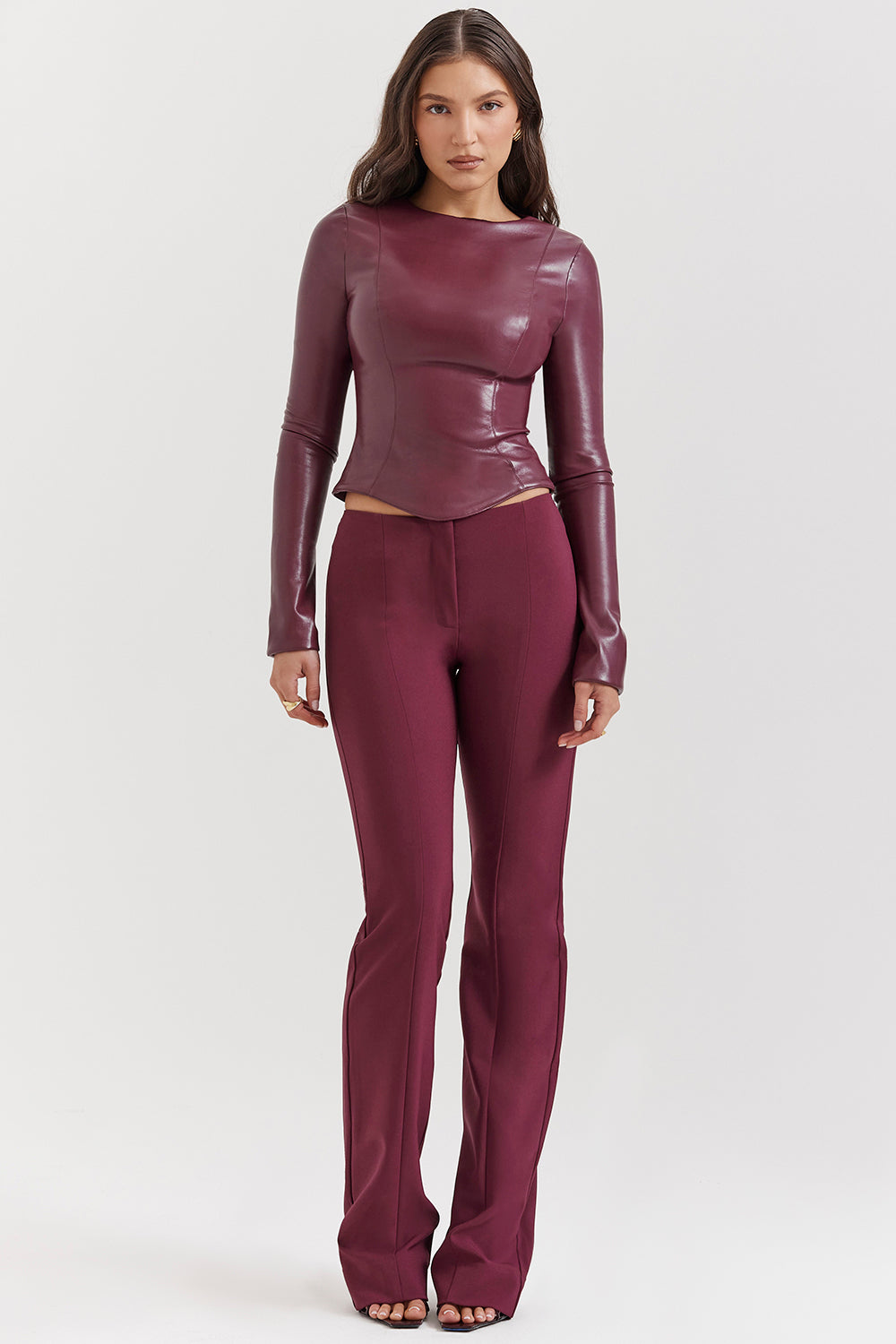 Wine vegan leather top with pants