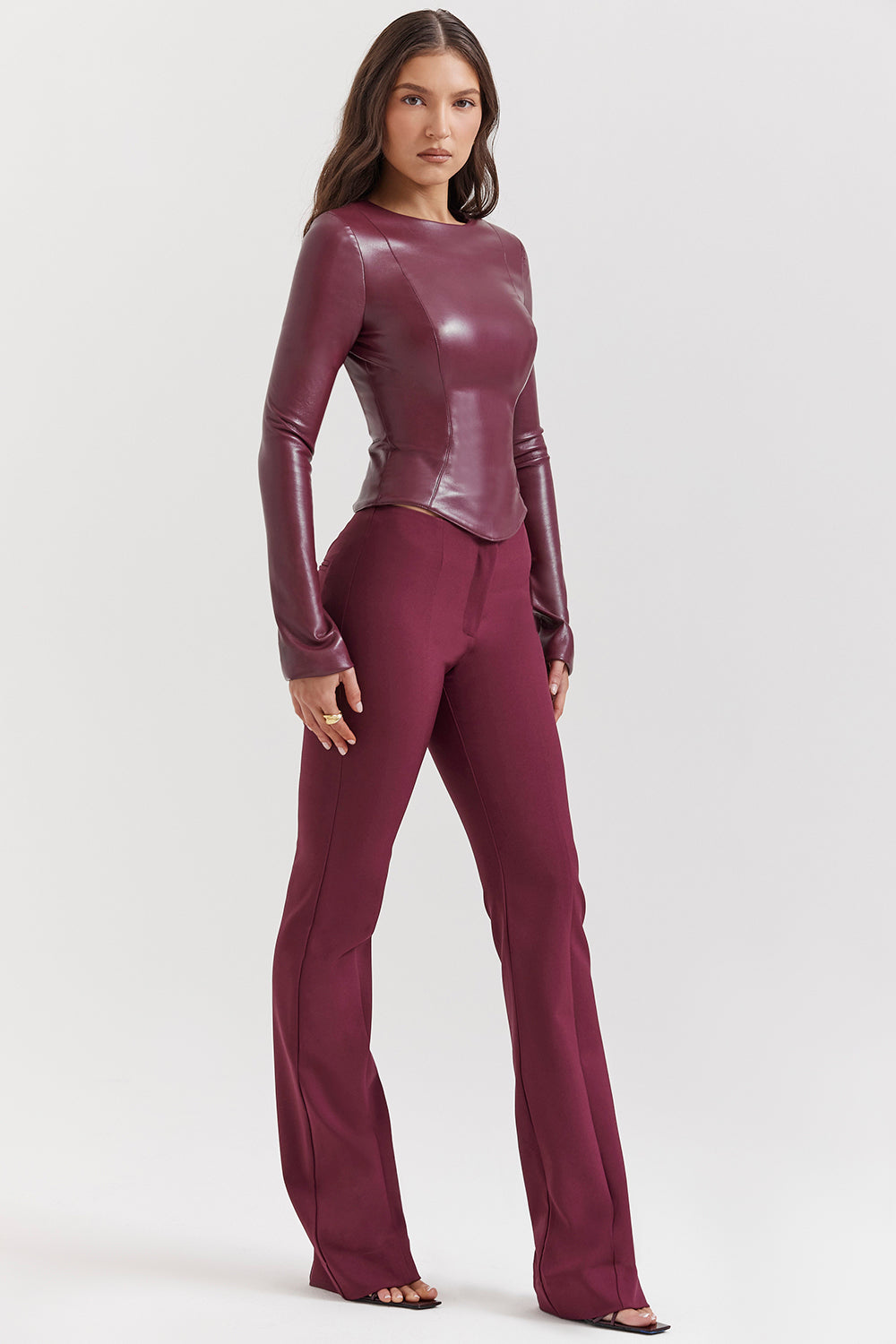 Wine vegan leather top with pants