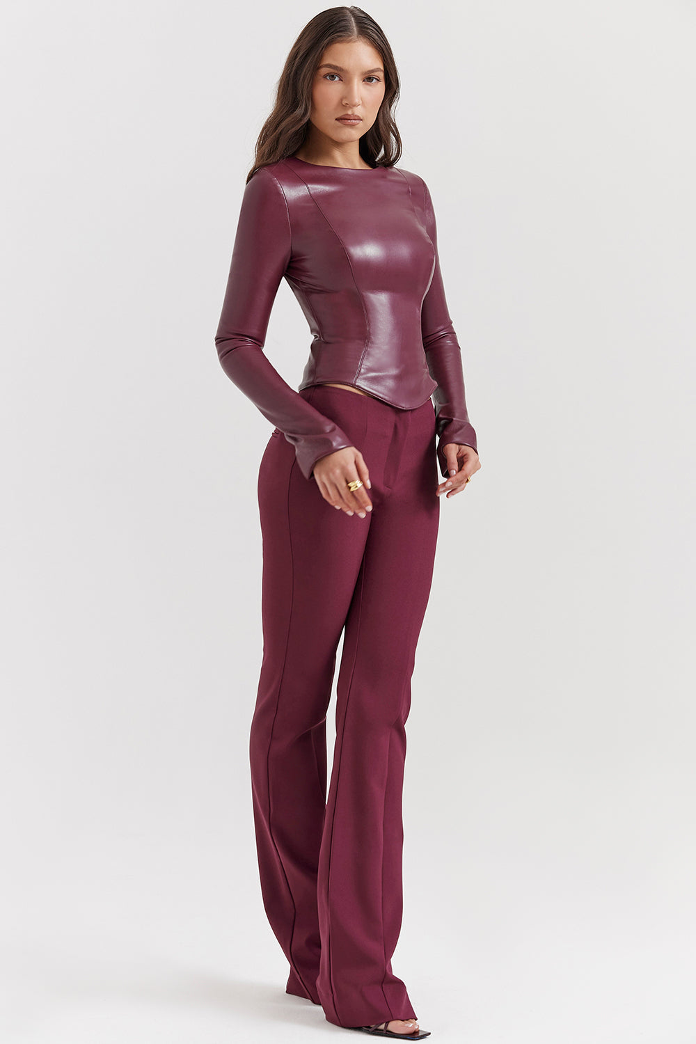 Wine vegan leather top with pants