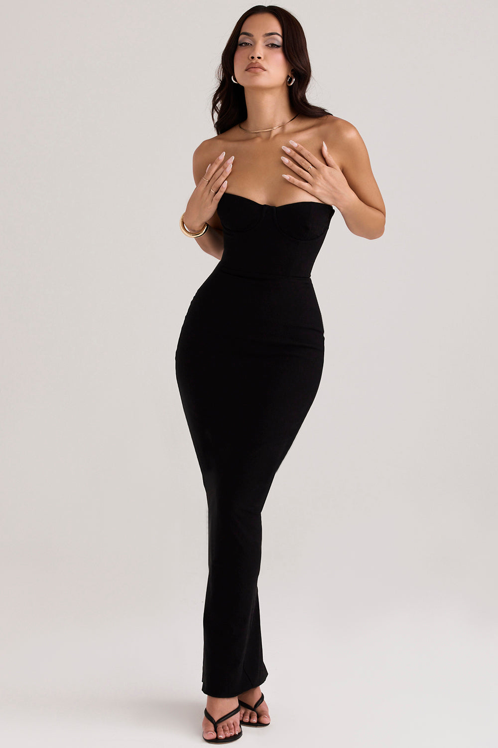 Black strapless maxi dress with corset