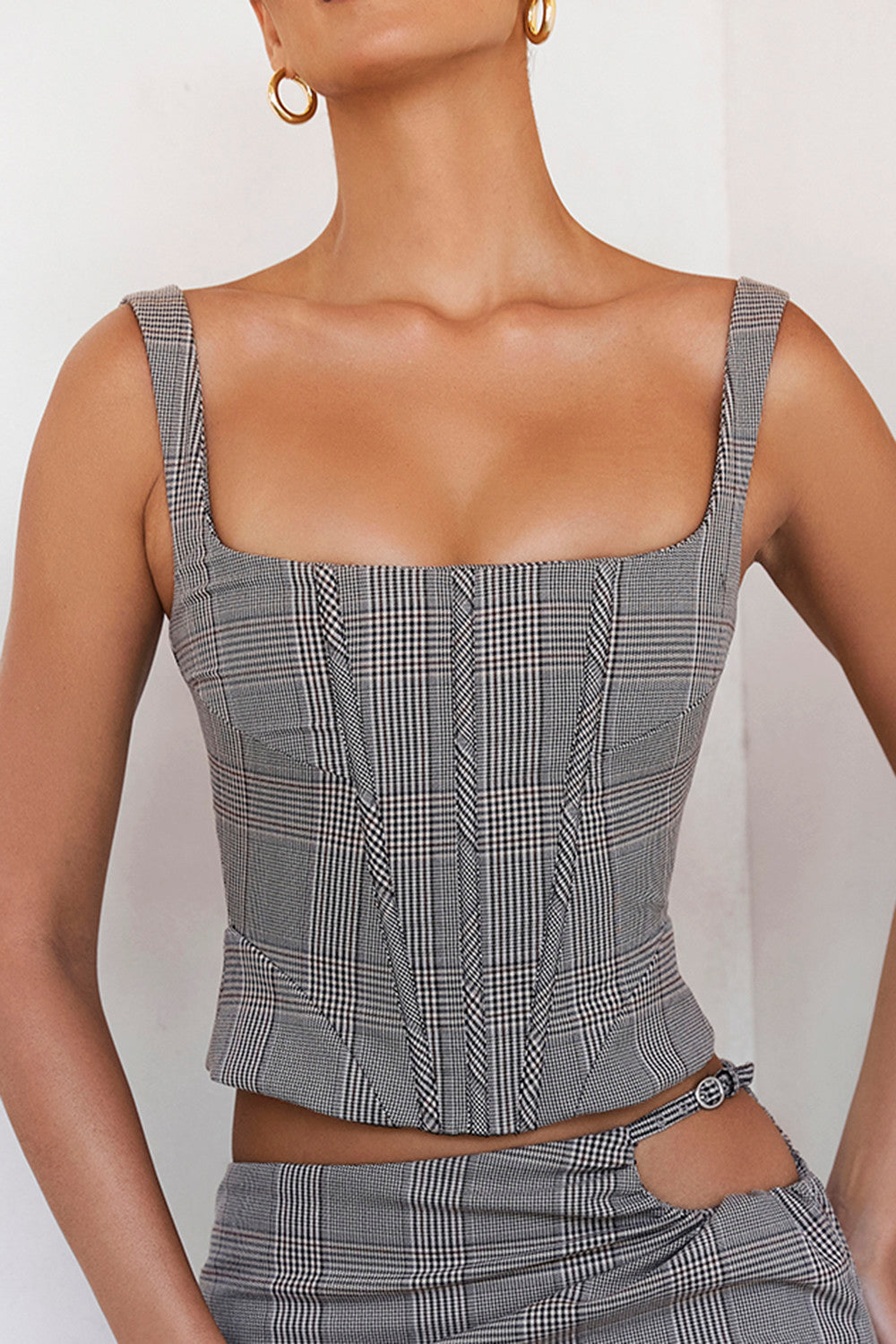 Mistress Rocks monochrome plaid square neck corset and plaid mini skirt with cutout