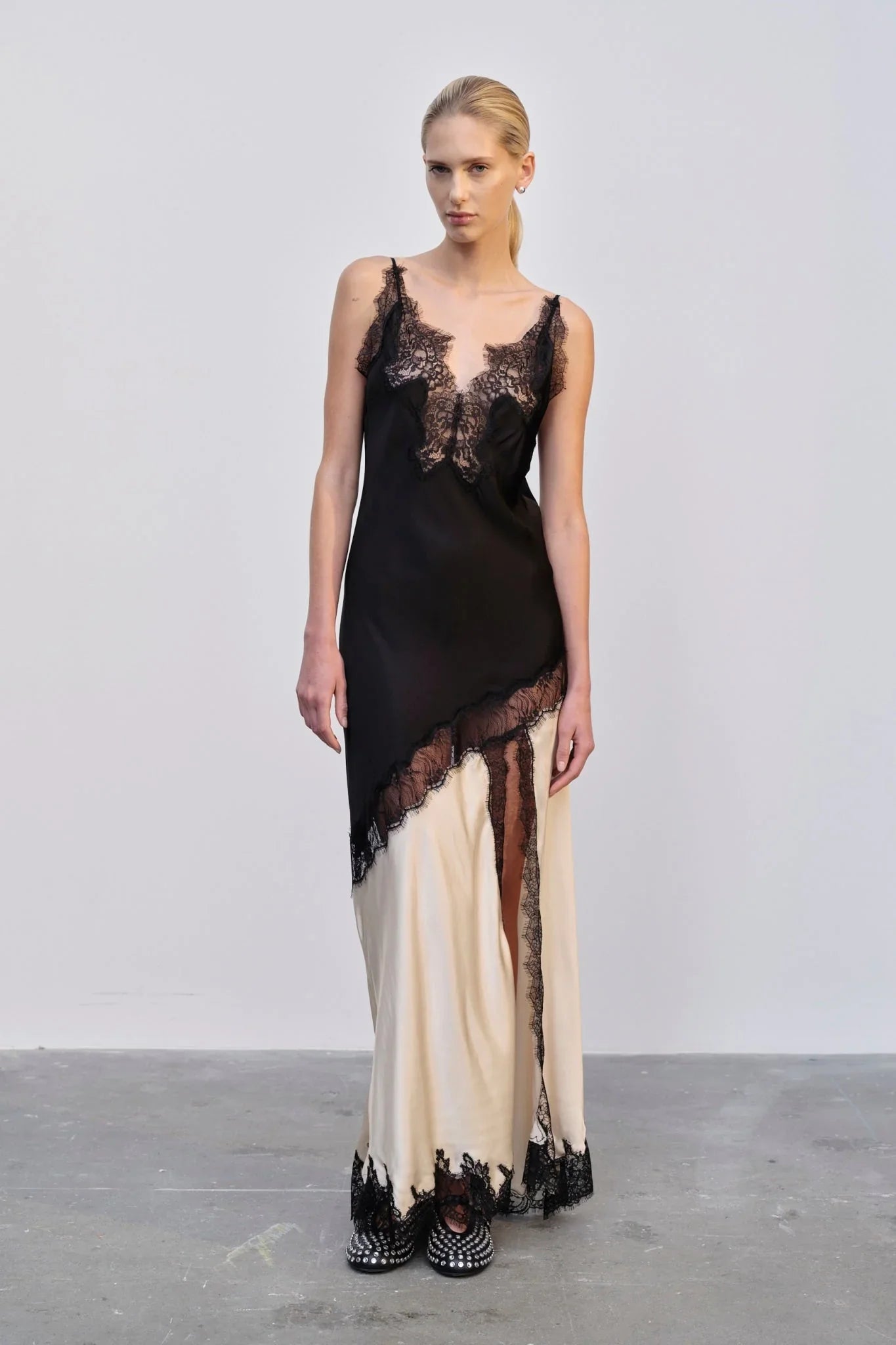 Spliced Sheer Lace Maxi Dress