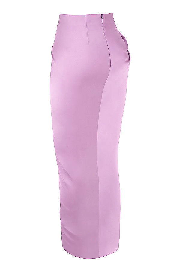 Deep-cut blouson top in silky satin with draped skirt