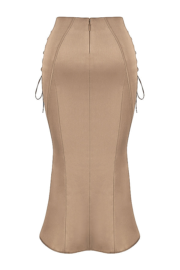 Satin corset with lace-up midi skirt