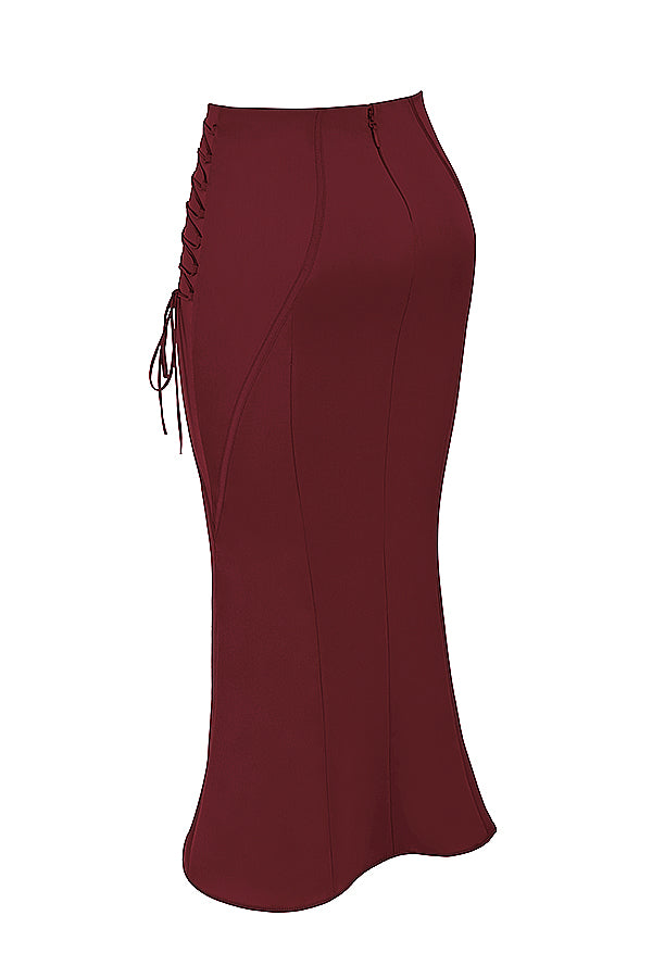 Satin corset with lace-up midi skirt