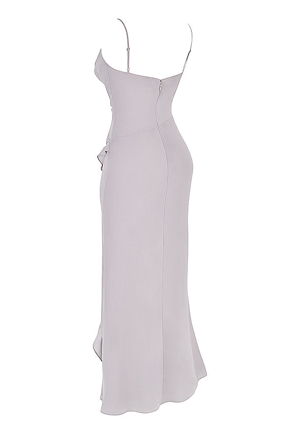 Gray satin underbust corset with flowy maxi dress