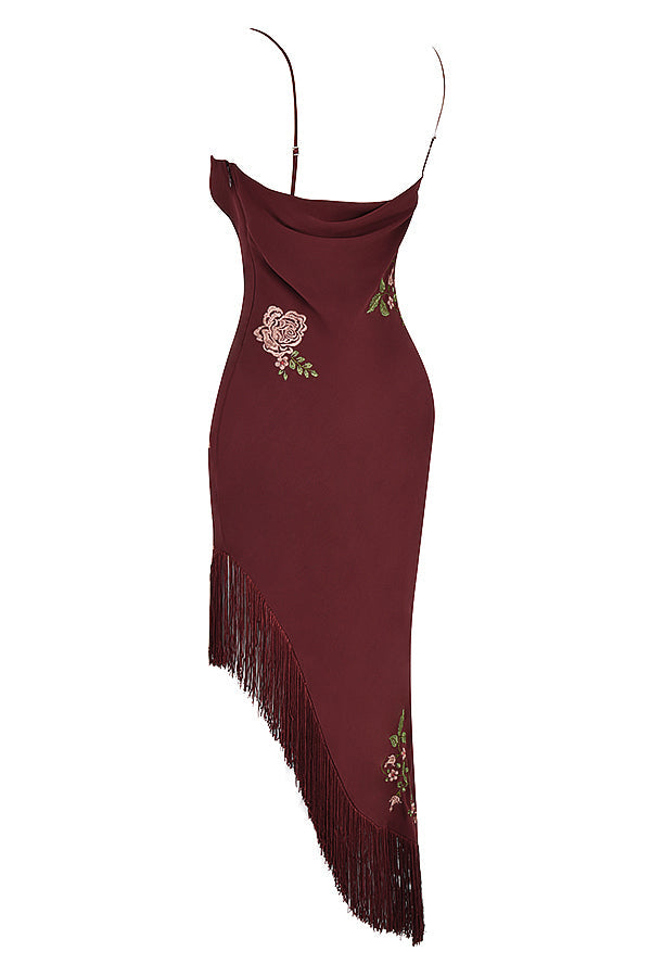 Wine-colored midi dress with embroidery