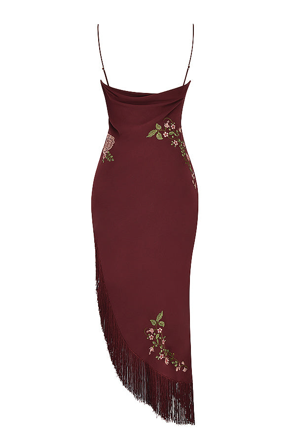 Wine-colored midi dress with embroidery