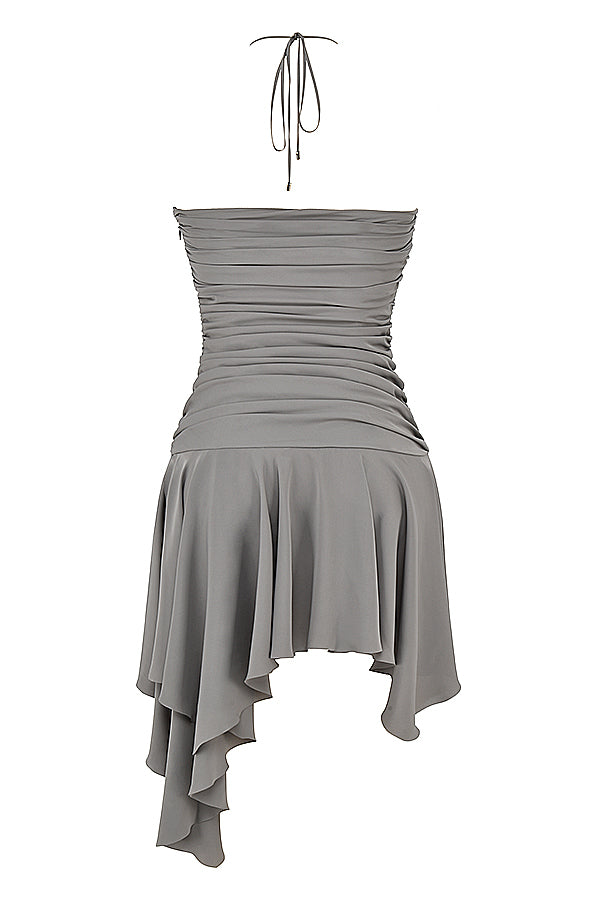 Asymmetric dress with smoke pleats