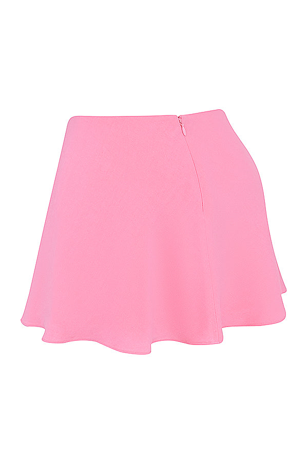 French pink top with handkerchief hem and floating mini skirt