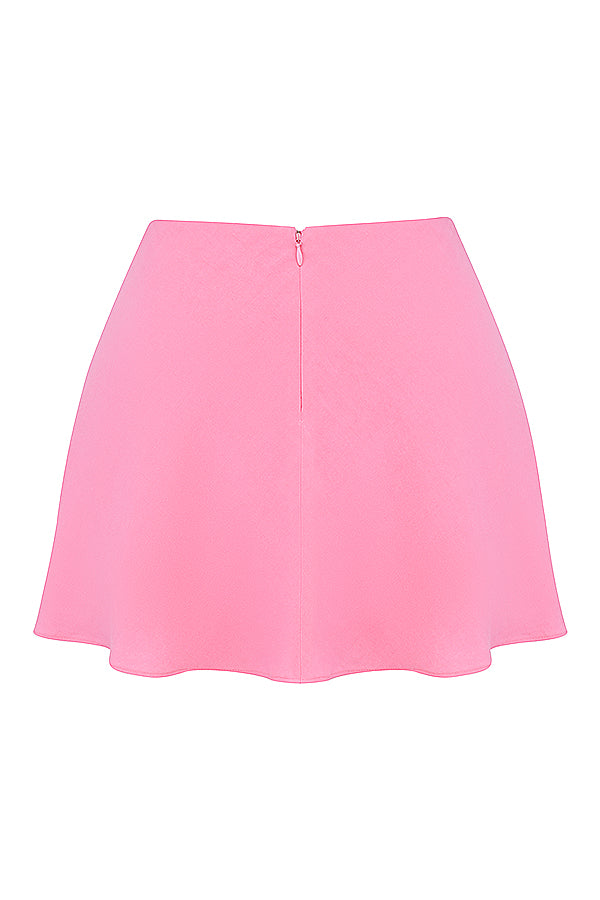 French pink top with handkerchief hem and floating mini skirt