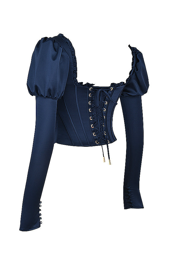 Navy blue corset with puff sleeves and satin maxi skirt with bias cut