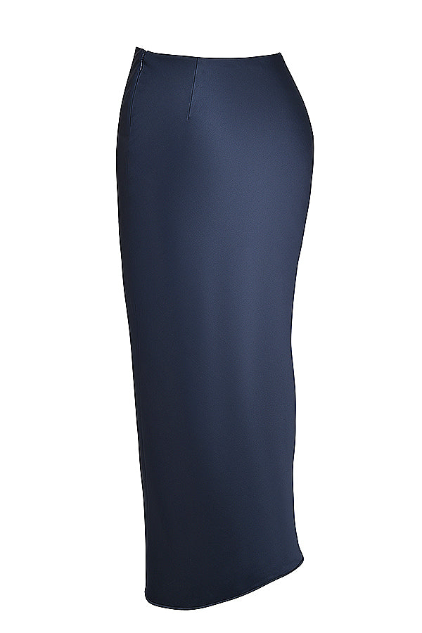 Navy blue corset with puff sleeves and satin maxi skirt with bias cut