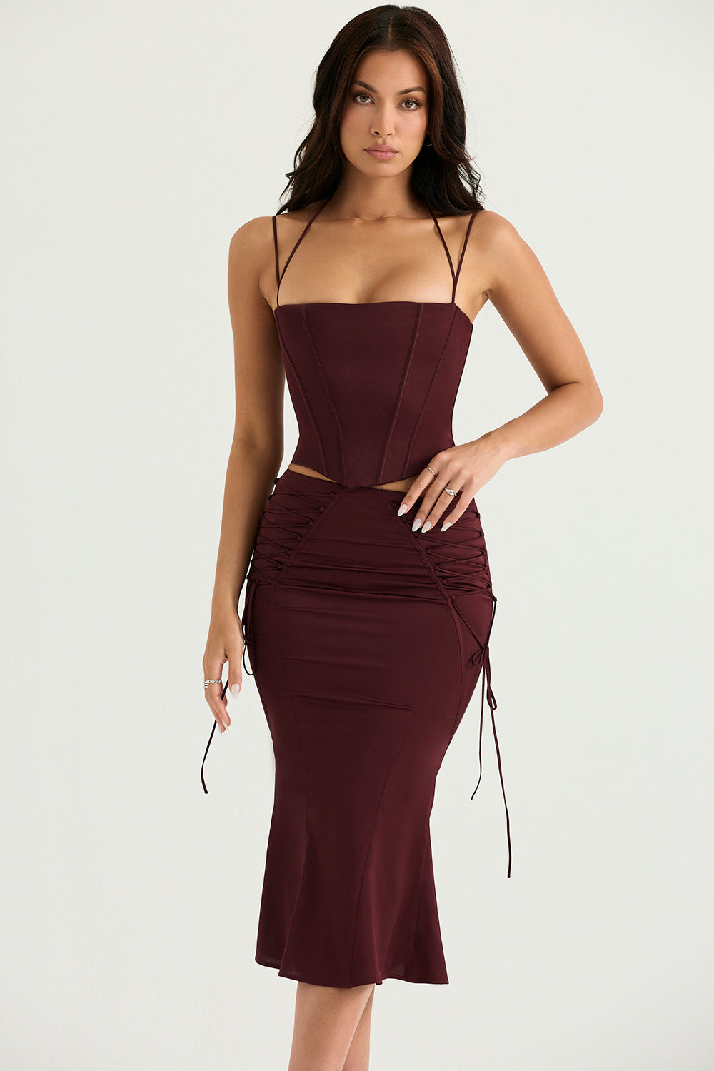 Satin corset with lace-up midi skirt
