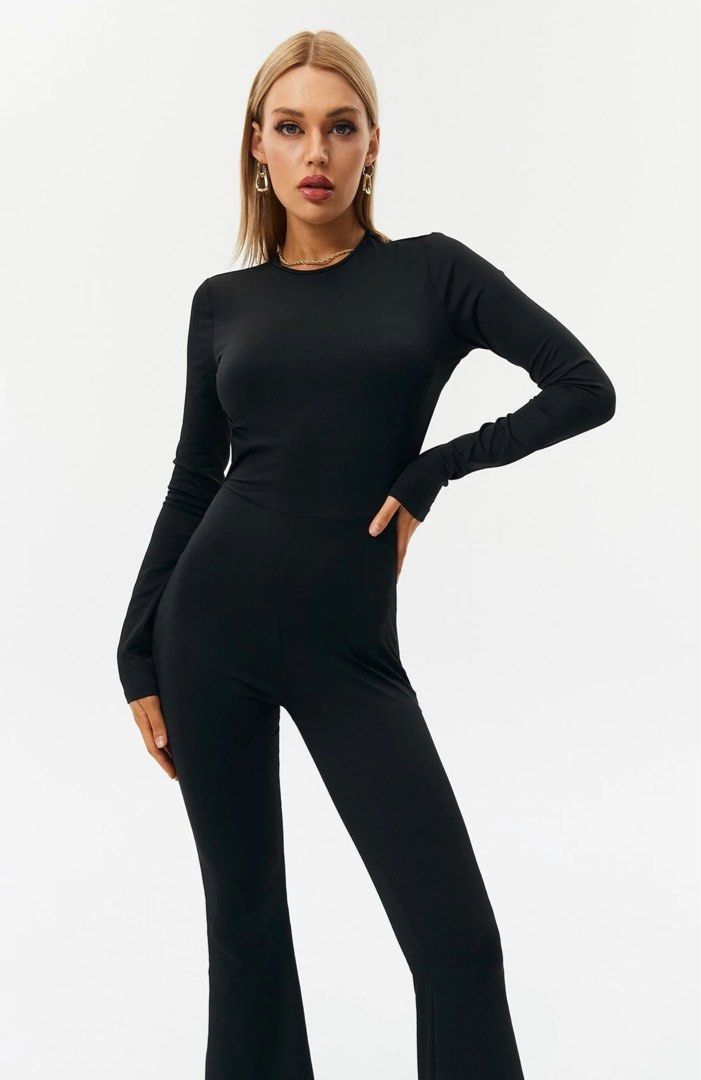 Long sleeved Open back black Jumpsuit