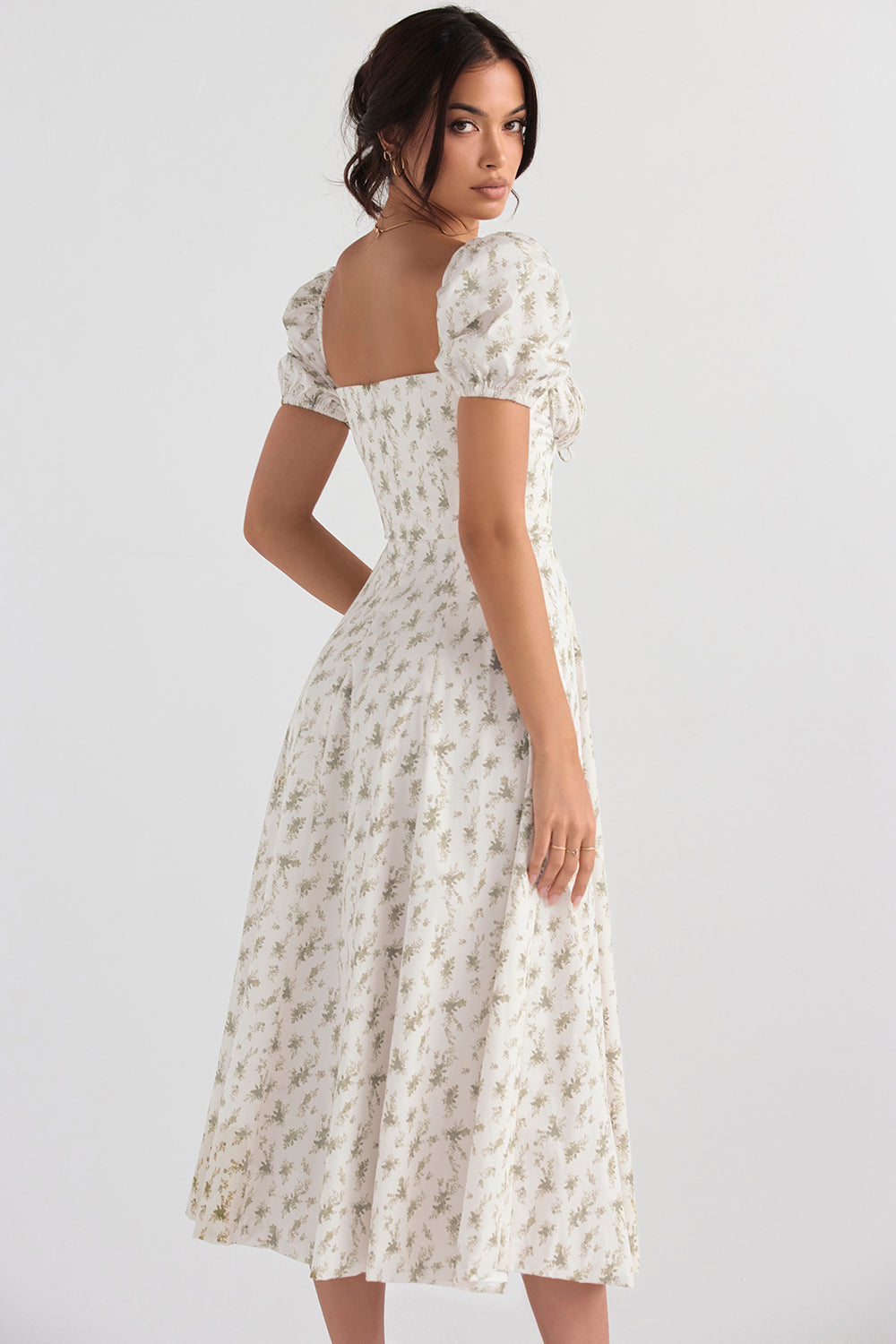 Midi sundress with floral puff sleeves