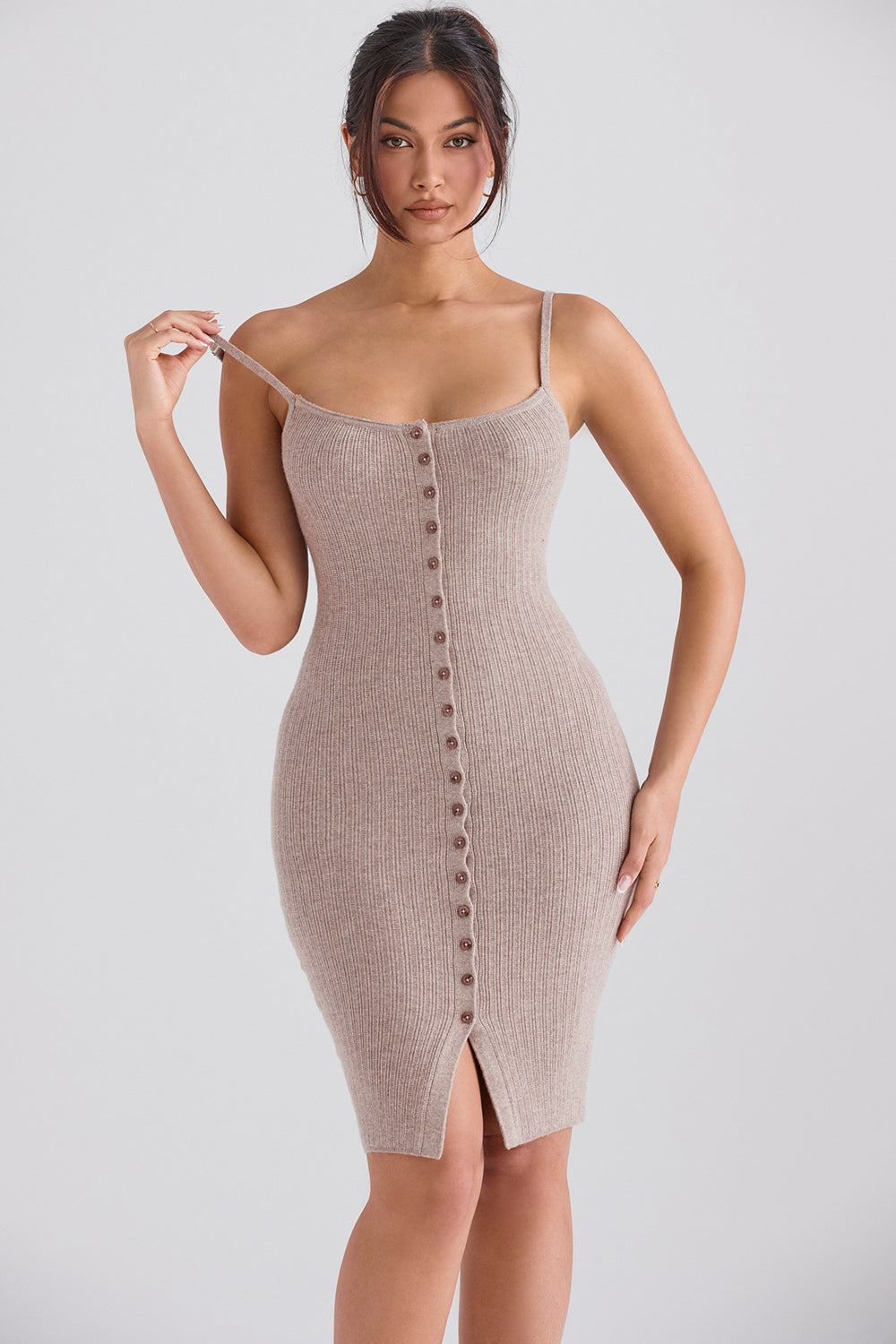 Beige cashmere cardigan with camel knitted midi skirt