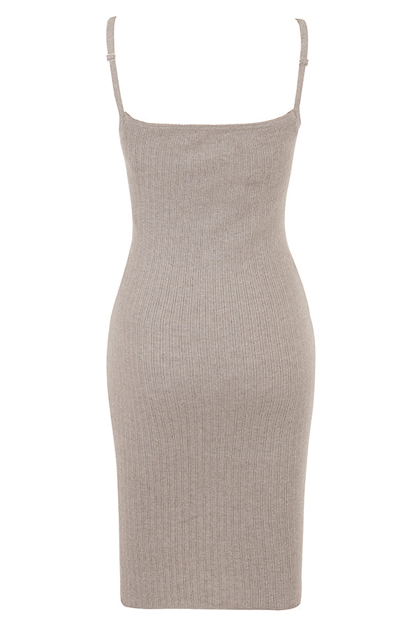 Beige cashmere cardigan with camel knitted midi skirt