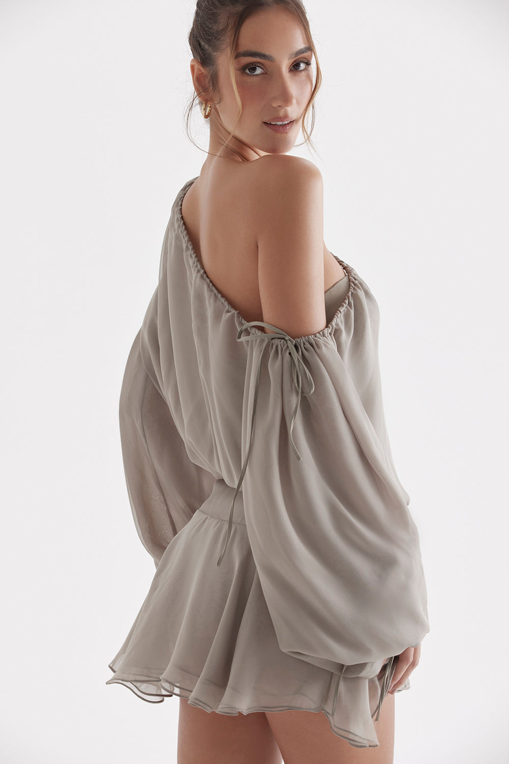Ash green off shoulder dress