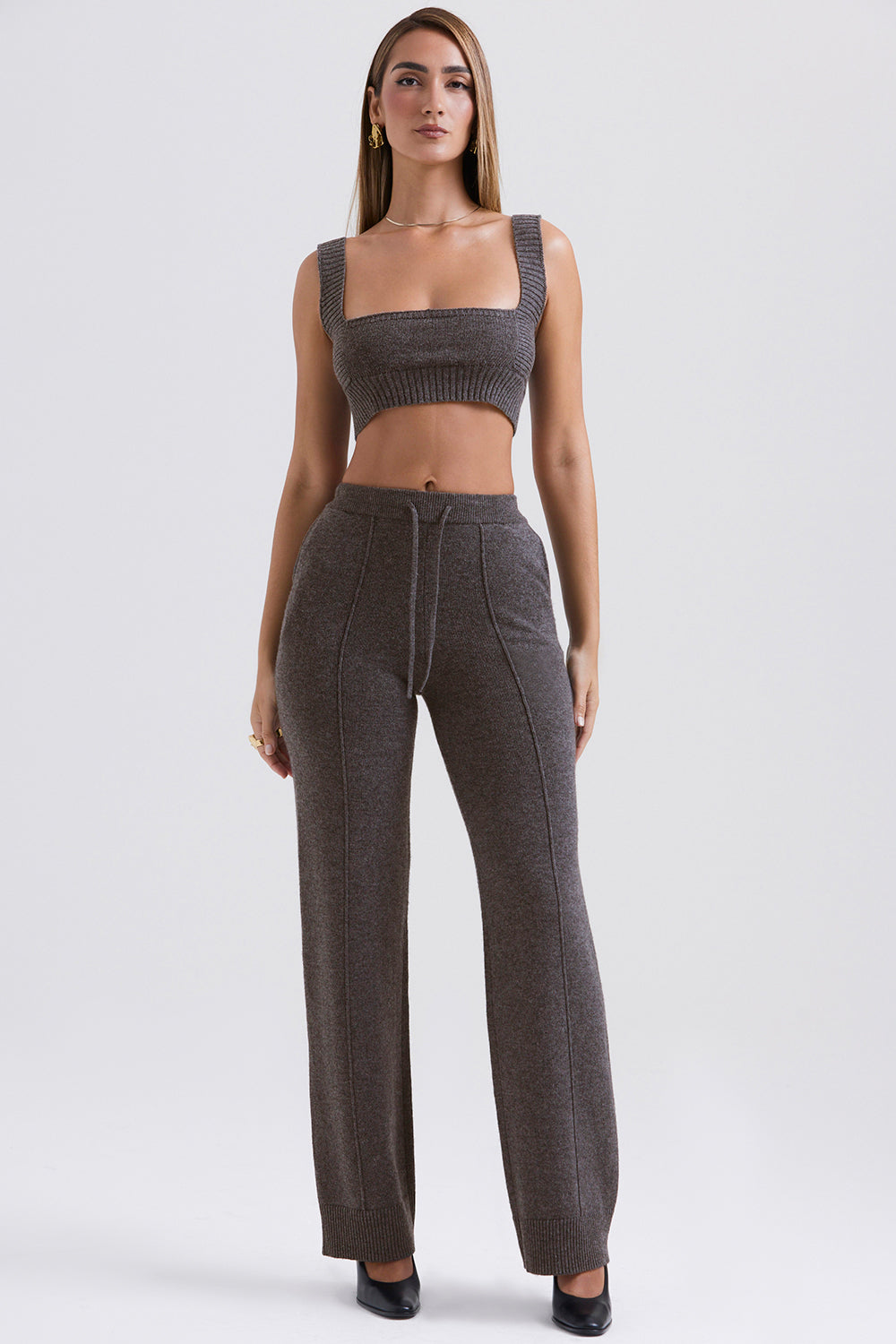 Anthracite-colored cashmere blend cardigan with belt, bralette and pants